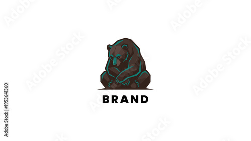 A stylized geometric illustration of a brown bear, seated and introspective, expertly crafted with angular lines and modern aesthetic to symbolize calm strength and thoughtful design for branding