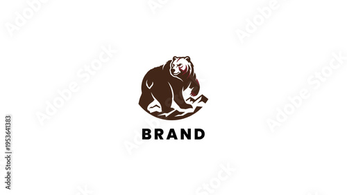 Stylized illustration of a mighty brown bear, standing firm on a rocky terrain. A strong and determined animal emblem, ideal for a bold and nature-inspired brand identity