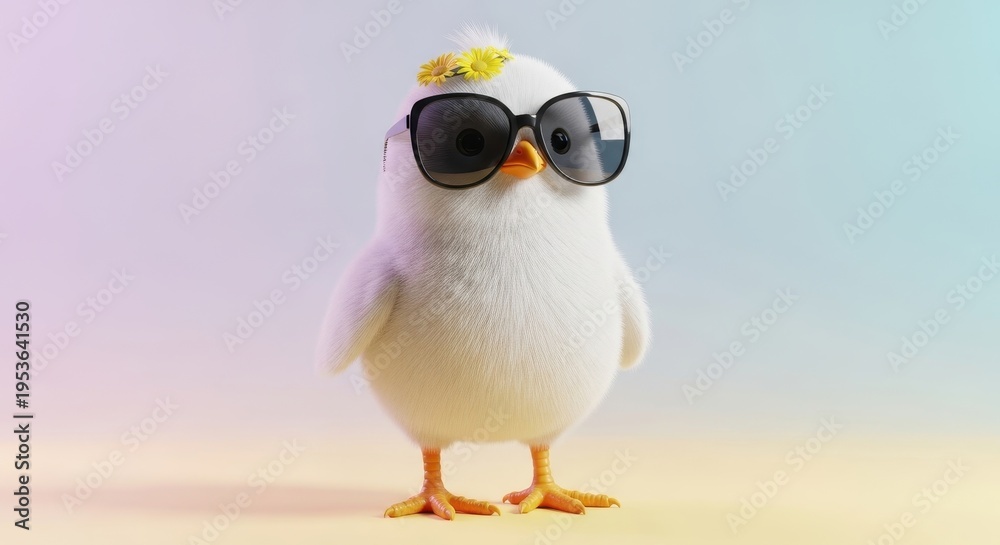 Obraz premium A cute fluffy white chick wearing stylish black sunglasses and a small yellow daisy flower crown