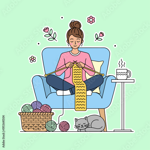 Flat Vector Cozy Knitting Scene Illustration