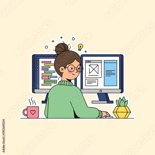 Flat Vector Illustration of Woman Coding at Dual Monitors