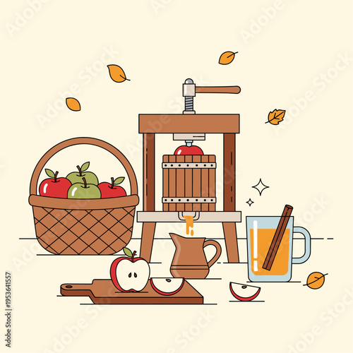 Flat Vector Illustration Of An Artisanal Apple Cider Pressing Scene