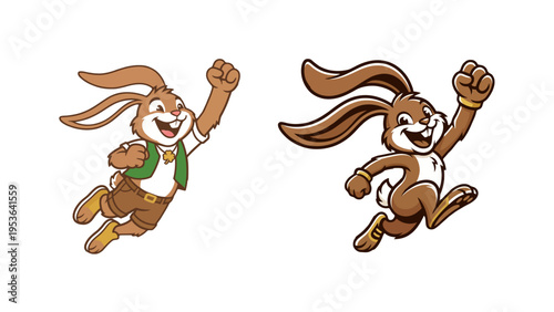 Happy Brown Bunny Cartoon Character Leaping with Joy and Excitement