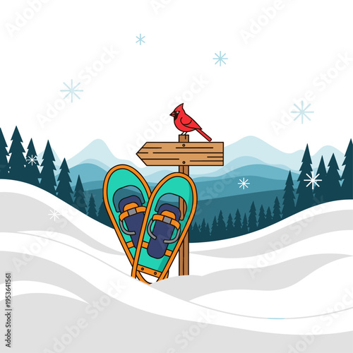 Flat Vector Illustration of Snowshoes on a Winter Trail