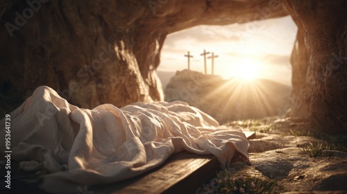 Burial site with cloth near crosses at sunrise in a cave setting