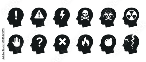 Twelve black human head silhouettes display various warning and danger icons, representing concepts like caution, risk, thought, and mental states in a flat, side profile vector style
