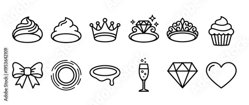 Collection of black outline icons featuring crowns, diamonds, cupcakes, champagne, and hearts, presented in a clean, minimalist line art style