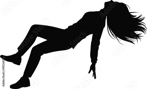Black silhouette of a woman falling backwards or floating in mid-air with long flowing hair isolated on a white background
