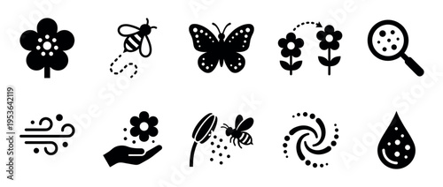 Black silhouette icons illustrating pollination and nature concepts, featuring flowers, bees, butterflies, wind, water, and pollen elements in a clean, graphic style
