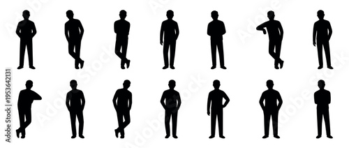 Twelve black male human silhouettes standing in various full-body poses, depicted as featureless graphic shapes with strong contrast
