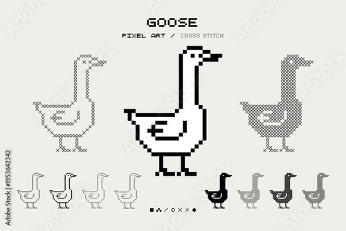 Pixel Art Goose Illustration 8 Bit Cross stitch Cute Geese Cottagecore Retro Pixelated Animal vector sign symbol Abstract Simple Geometric Handcraft Element Monochrome Black and White cozy aesthetic