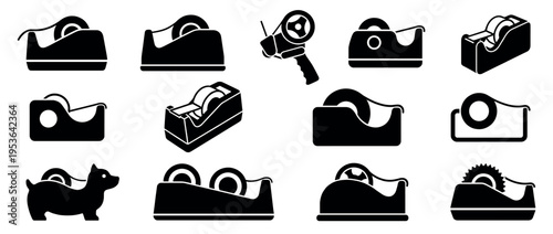 Various black silhouette tape dispensers are depicted as a collection of diverse office and packing tools in a clean, graphic style