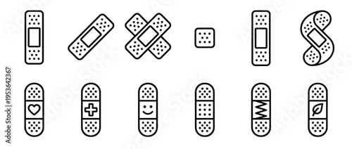 Twelve black outline adhesive bandage icons are presented in various shapes and with different symbols, offering a clean, modern, and minimalist vector illustration style