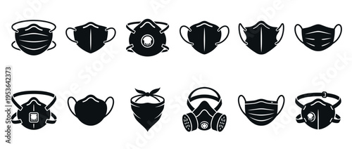 Collection of black silhouette protective face masks and respirators, including surgical, N95, and gas masks, presented in a clean, iconic style