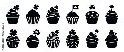 Twelve black silhouette cupcake icons decorated with shamrocks, featuring various frosting designs and cup styles, presented in a clean, graphic illustration