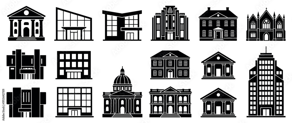 Fototapeta premium Various black silhouette building icons depicting diverse architectural styles, including modern, classical, and residential, presented in a clean, graphic illustration