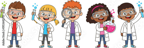 Group of diverse happy cartoon children dressed in professional career costumes including doctor chef and builder isolated on white background