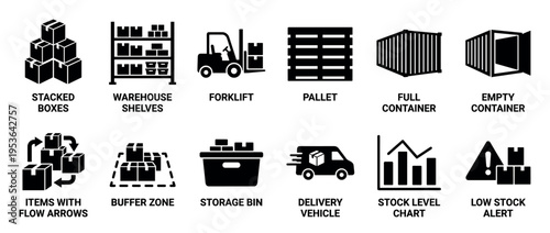 Comprehensive collection of logistics and inventory management icons, featuring warehouse operations, shipping, storage, and stock level alerts, presented in a clean, solid black graphic style