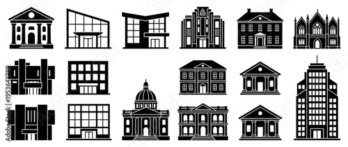 Various black silhouette building icons depicting diverse architectural styles, including modern, classical, and residential, presented in a clean, graphic illustration