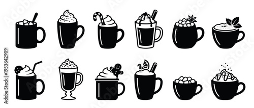 Collection of black and white hot drinks icons featuring various festive beverages in mugs and cups with delicious toppings, presented in a clean graphic style