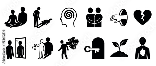 Twelve black silhouette icons illustrating various psychological concepts, featuring minimalist graphic pictograms representing emotions, self-discovery, relationships, and personal growth themes