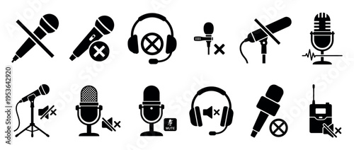 Black silhouette microphone and audio mute icons, depicting various recording devices and headsets with symbols indicating sound off or muted status in a clean graphic style