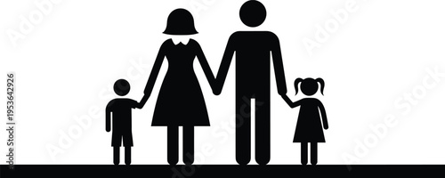 Black and white vector illustration of family silhouette with parents and children holding hands, symbolizing unity, safety, togetherness, parenting, and family relationship concept artwork