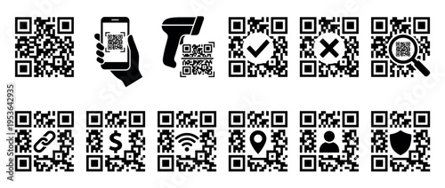 Collection of various black and white QR code icons illustrating scanning, validation, linking, payment, and security functions in a clean, graphic style
