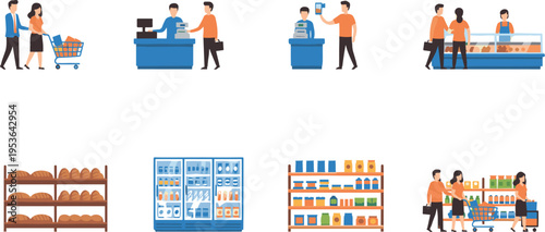 Supermarket Shopping Vector Set Featuring People With Carts Cashier At Checkout Grocery Shelves Bread Rack And Fridge Illustration.