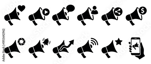 Set of black megaphone icons, each featuring a different symbol to convey various digital marketing, social media, and communication ideas