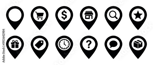 Twelve black and white map pin icons featuring various e-commerce and service symbols like a shopping cart, dollar sign, store, and gift, presented in a clean, graphic style