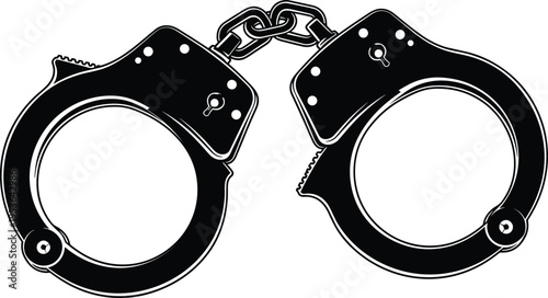 Black and white vector illustration of metallic handcuffs with chain links, law enforcement restraint symbol, police security tool, justice, crime prevention, and criminal justice design element