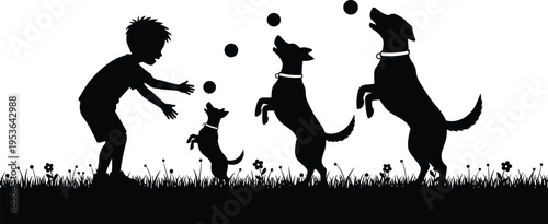 Vector illustration of child playing with three dogs in grassy field showing joy, companionship, and playfulness