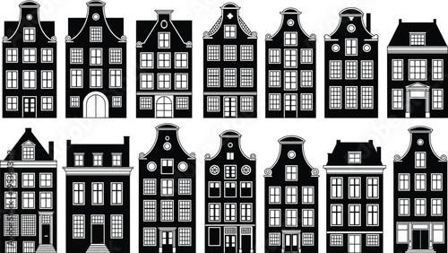 Black and white vector illustration of multiple traditional Dutch canal houses with ornate gables, windows, and decorative facades representing historic European architecture and Amsterdam c