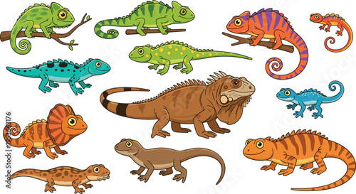 Colorful Reptile Vector Collection Featuring Chameleon Iguana Gecko And Various Tropical Lizard Characters Isolated On White Background Illustration.