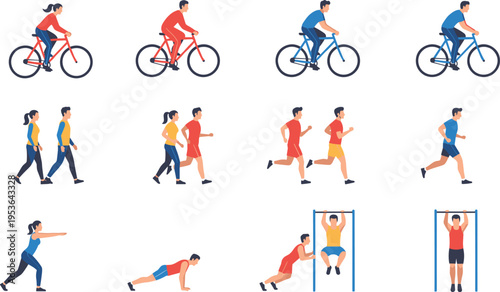 Fitness And Workout Vector Set Featuring People Cycling Running Walking Doing Pushups And Pullups For Healthy Lifestyle Illustration.