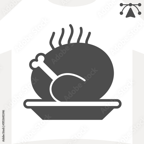 Roasted turkey dish solid icon, poultry food concept. Vector graphics. Fried chicken with roast leg on plate sign and editable stroke, glyph style icon for mobile or web design.