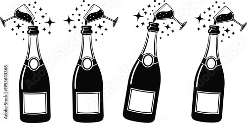 Set of stylized popcorn container illustrations with decorative designs, overflowing kernels, festive sparkles, striped patterns, and entertainment symbols perfect for movie, party, and carnival theme