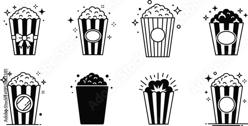Set of stylized popcorn container illustrations with decorative designs, overflowing kernels, festive sparkles, striped patterns, and entertainment symbols 