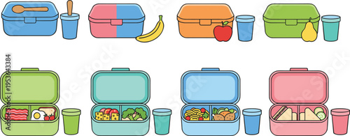Healthy School Lunch Box Vector Set Featuring Open And Closed Containers With Sandwiches Fruit Vegetables And Drink Cups Illustration.