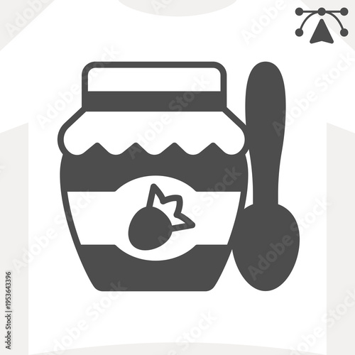 Jar of strawberry jam solid icon, sweet food concept. Vector graphics. Jam jar with tablespoon sign and editable stroke, glyph style icon for mobile or web design.