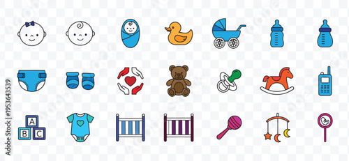 Newborn Baby Icons Set. Nursery and Childcare Essentials Vector Collection. Cute Line Art Graphics Stroller, Bottle, Toys, Crib