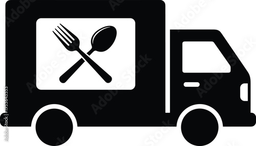 Black and white vector illustration of food truck silhouette with fork and spoon icon, mobile street food vendor design, modern dining, and restaurant business concept