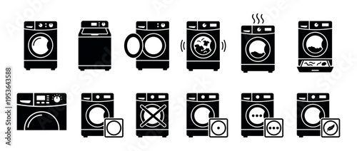 Black silhouette washing machine and dryer icons illustrating various laundry processes, cycles, and functions in a clean, modern graphic style