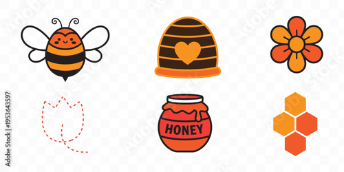 Sweet Honey Bee Vector Collection Cute Bee, Hive, Honey Pot, Flower and Comb Icons