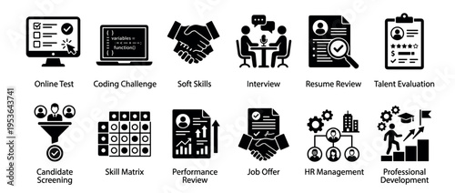 Comprehensive collection of human resources and recruitment glyph icons, depicting various stages of hiring, evaluation, and professional growth in a clean, modern style