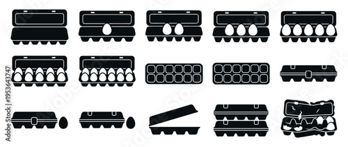 Black silhouette egg cartons and eggs in various stages, including full, empty, open, closed, and damaged, presented as a collection of graphic icons