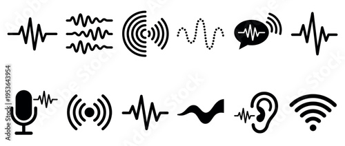 Collection of black sound wave and audio signal vector icons representing voice, music, and communication technology in a clean, minimalist graphic style