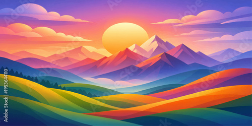 sunrise and sunset over misty mountain landscape with clouds sky and forest hills view