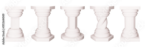 White pillar plinth stand. Hexagon podium platform 3d mockup for museum. Product display tribune pedestal on plastic column for cosmetic. Showroom or store foundation furniture for advertising